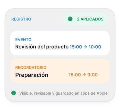 Oriio muestra el evento creado mediante una petición de IA