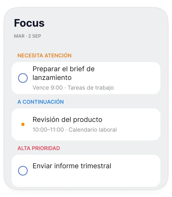 Vista Focus de Oriio con recordatorios vencidos y próximos eventos