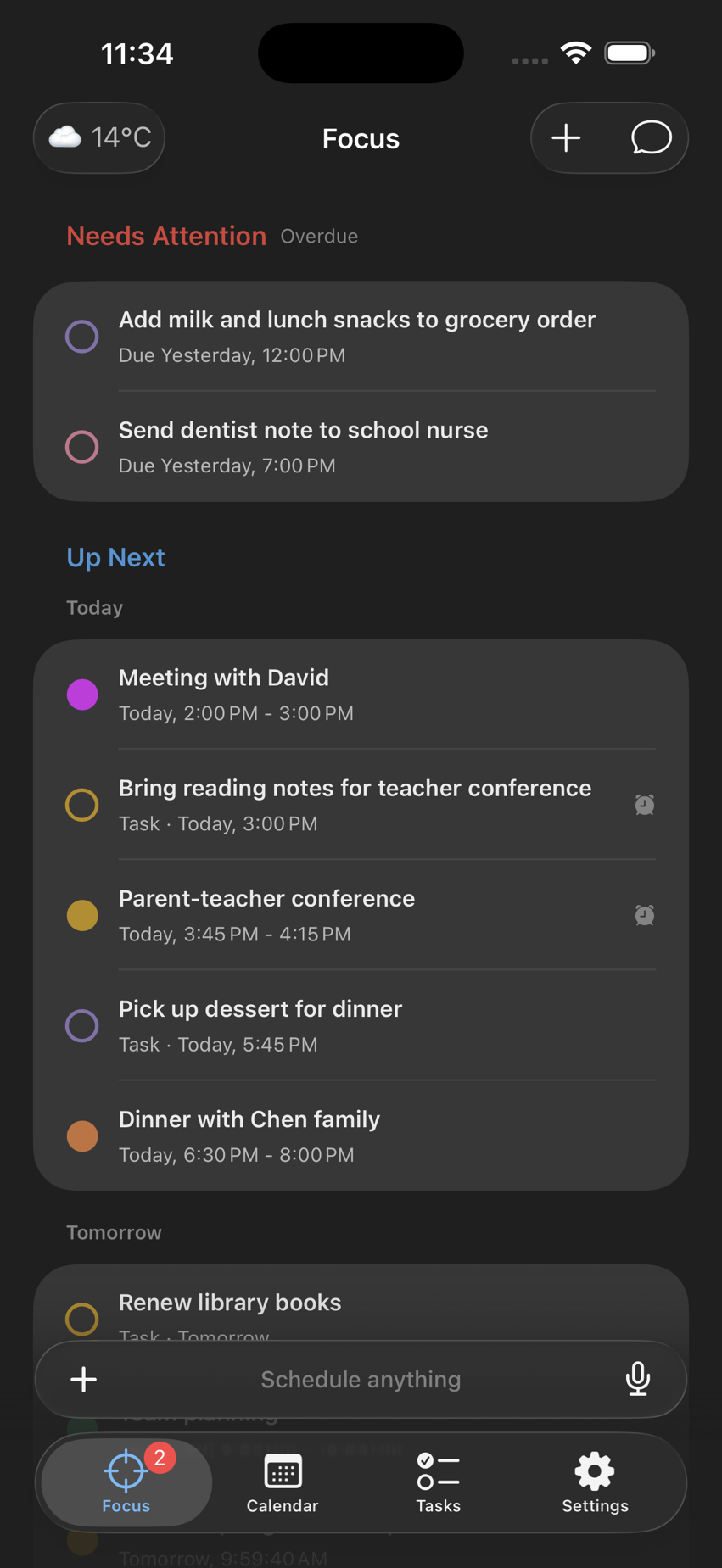 Oriio Focus screen showing overdue reminders and upcoming events together