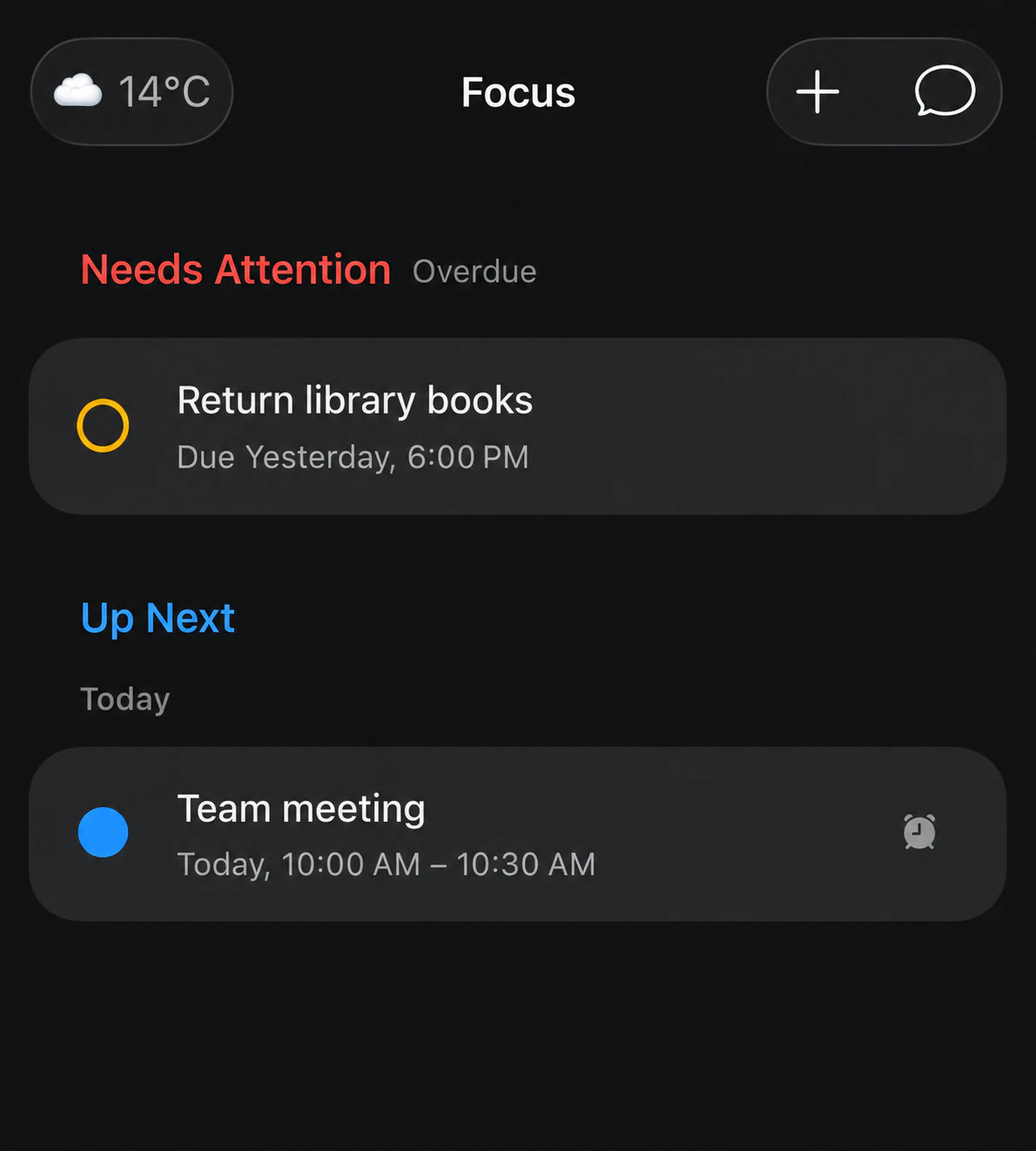 Oriio Focus view showing overdue reminders and upcoming events